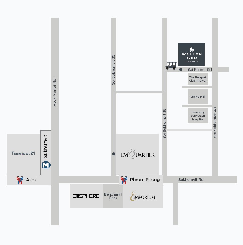 Map showing WALTON Suites distance from Samitivej Hospital Sukhumvit 49