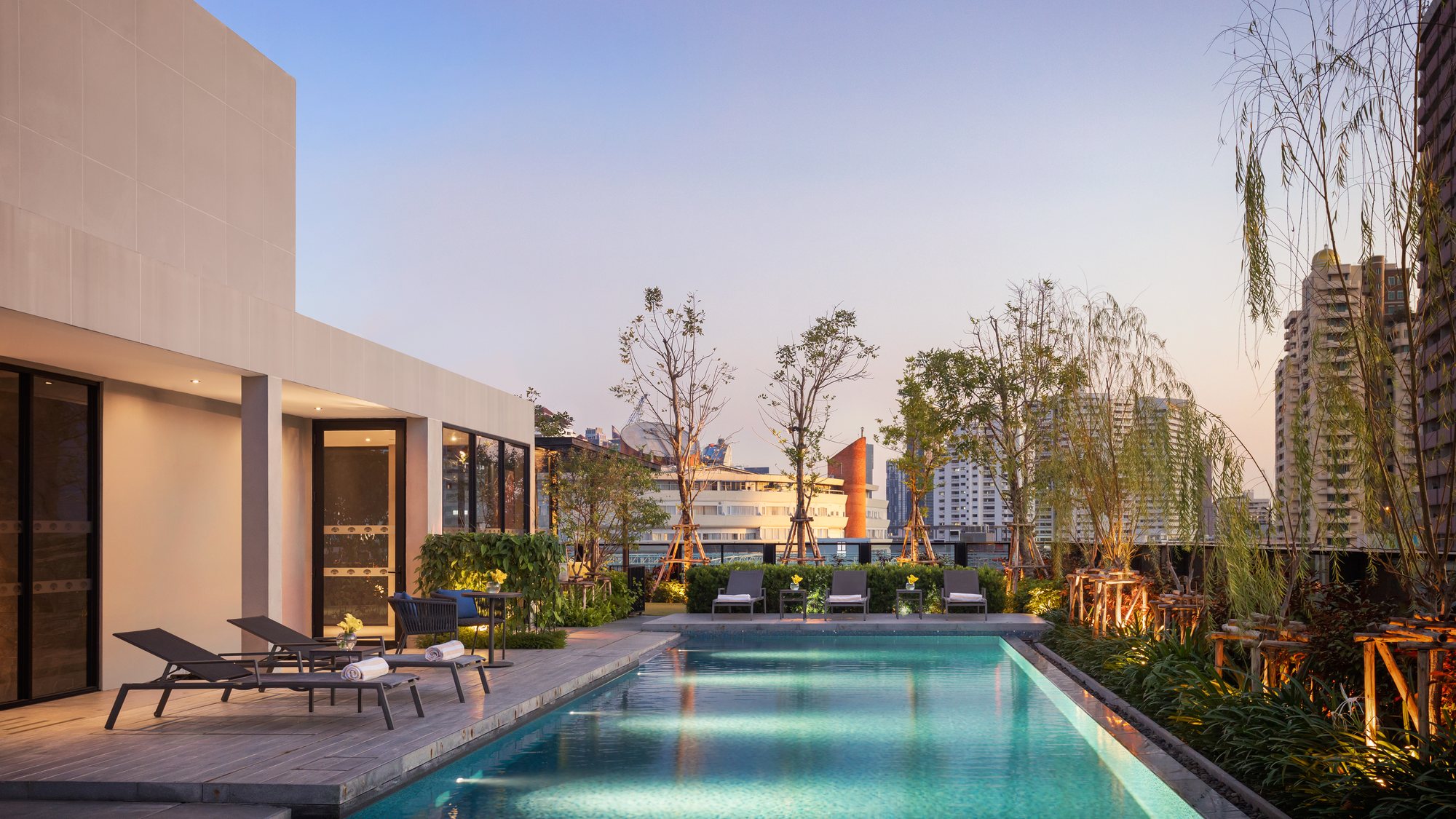 Walton Suites rooftop pool surrounded by greenery at sunset
